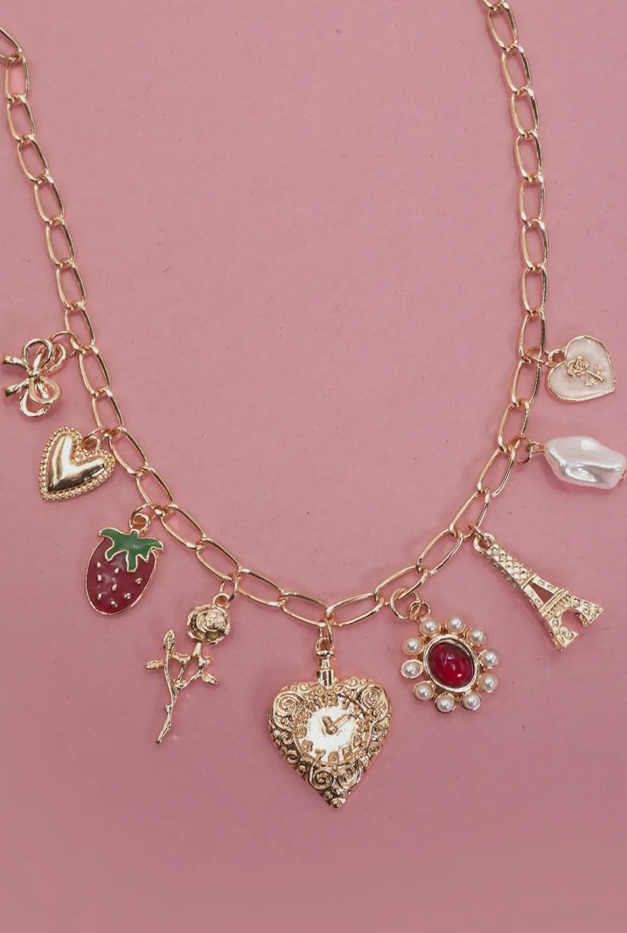 Charm necklace heart bow Eiffel Tower