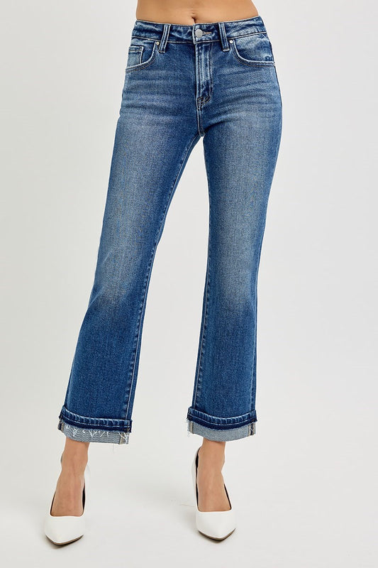 Risen-straight cuffed ankle jeans