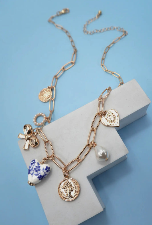 Ceramic porcelain bow heart necklace