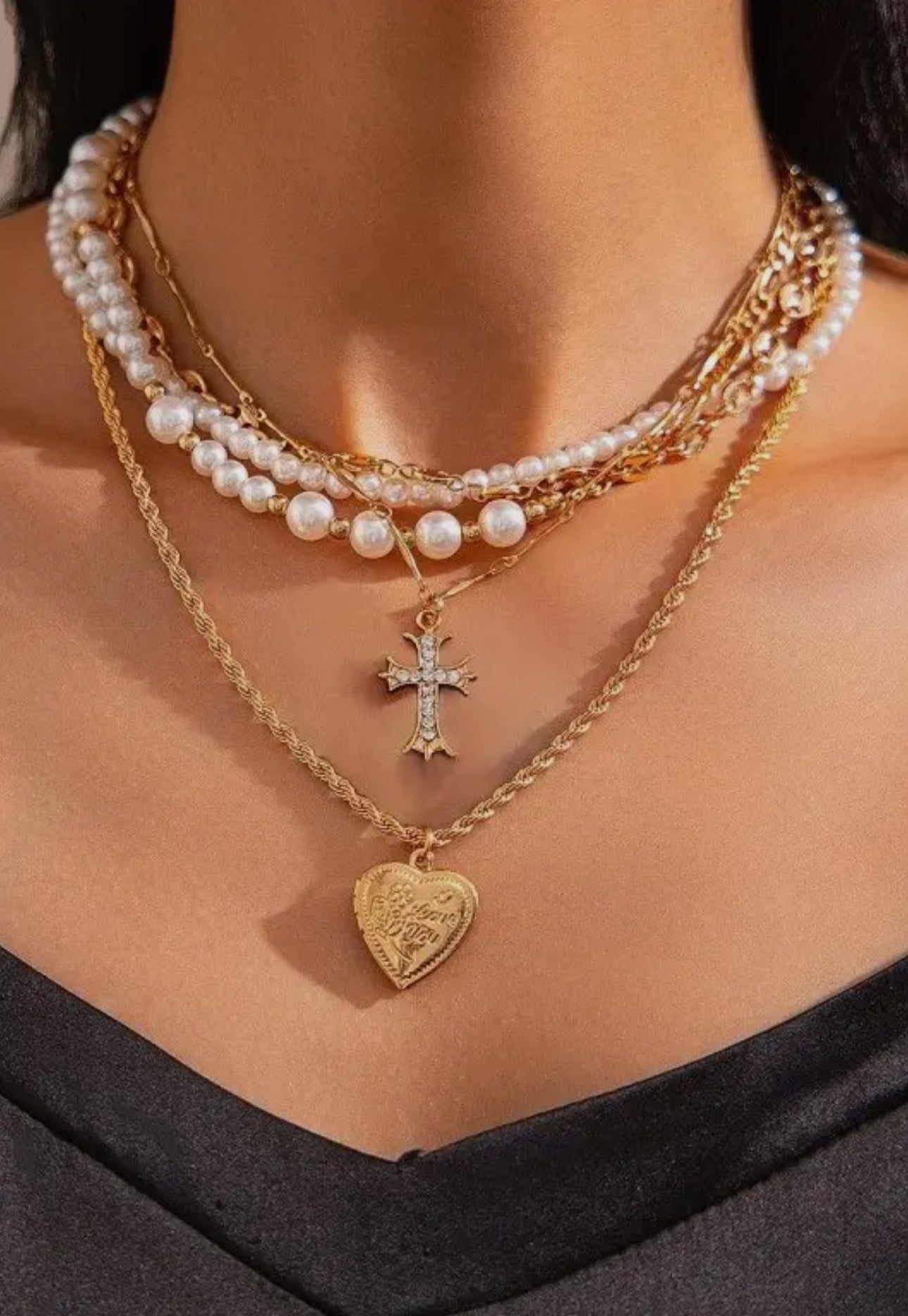 Charm necklace-cross and heart