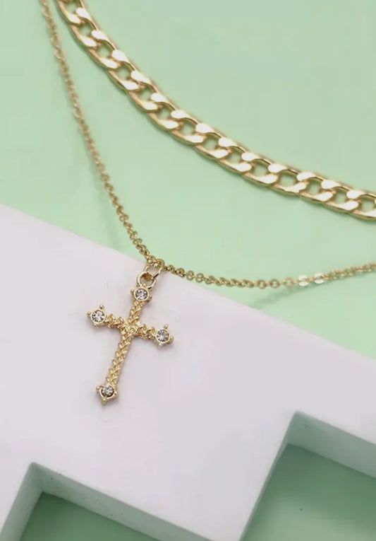 Double layer cross/pendant necklace