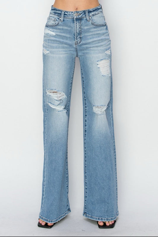 Risen- Heavy distressed Wide Leg Jeans